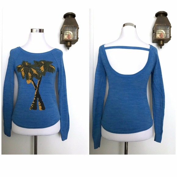 Cooperative Urban Outfitters Blue Palm Tree Sweater Open Strap Back Size XS - Picture 1 of 10